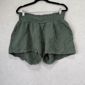 NOM Maternity Shorts Womens XL Green 100% Cotton Gauze Smocked Waist Lounge